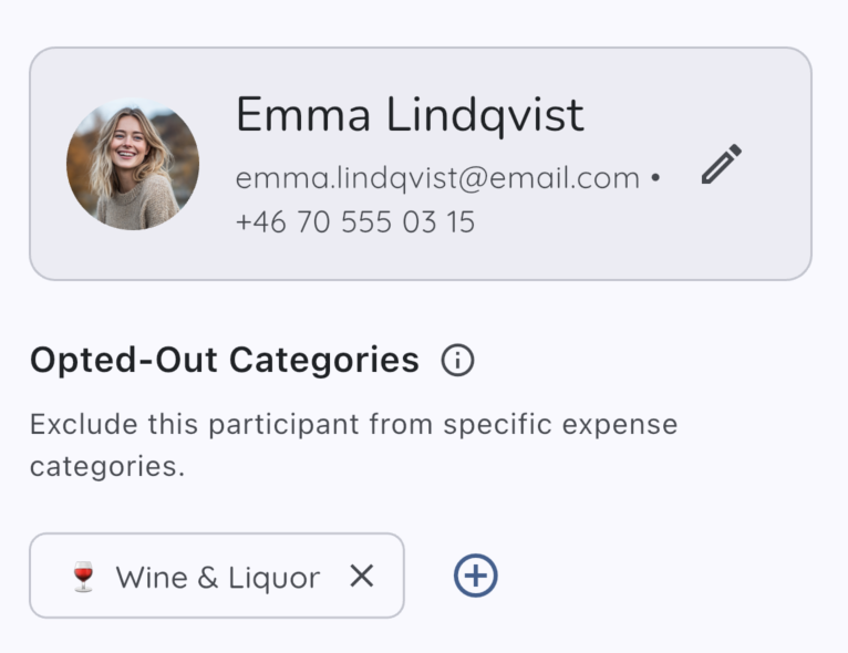 Edit participant view showing opted-out categories like Wine and Liquor