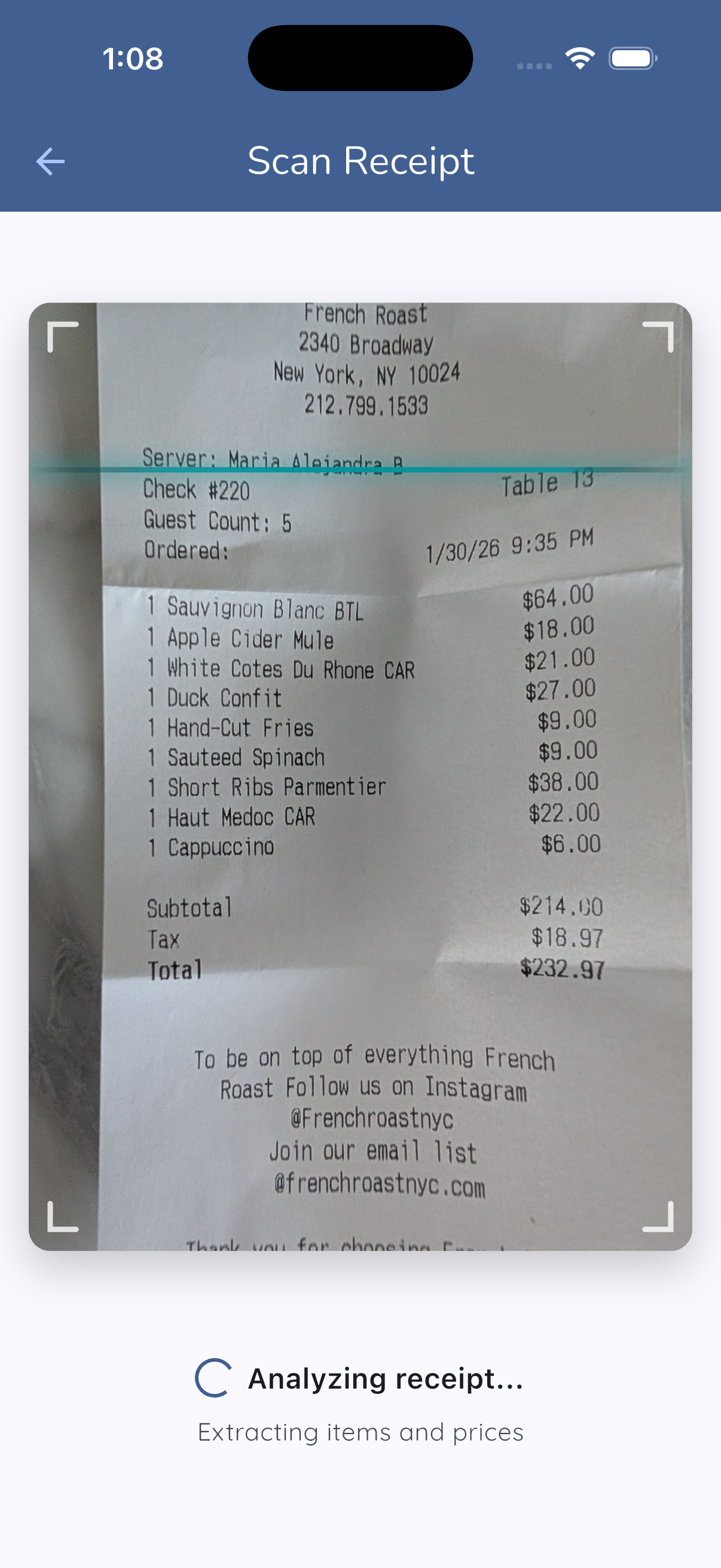 Camera scanning a restaurant receipt with AI extracting items and prices
